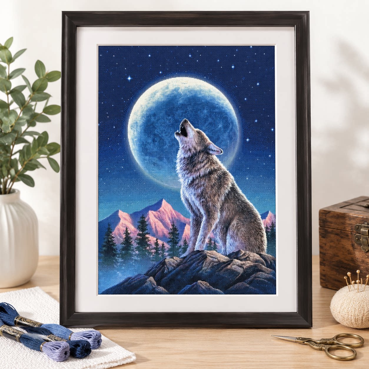 Cross Stitch Stamped Kits Beginners - [ZZ9252-Lone Wolf Under the Moon] DIY-Stickset