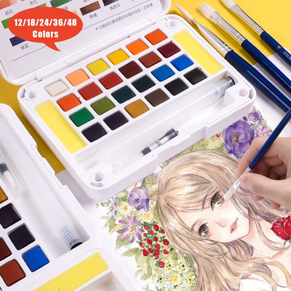 Watercolor Paint Set Solid Pigment - Professionelles Aquarellfarben-Set mit Wasserpinsel, 12/18/24/36/48 Farben,