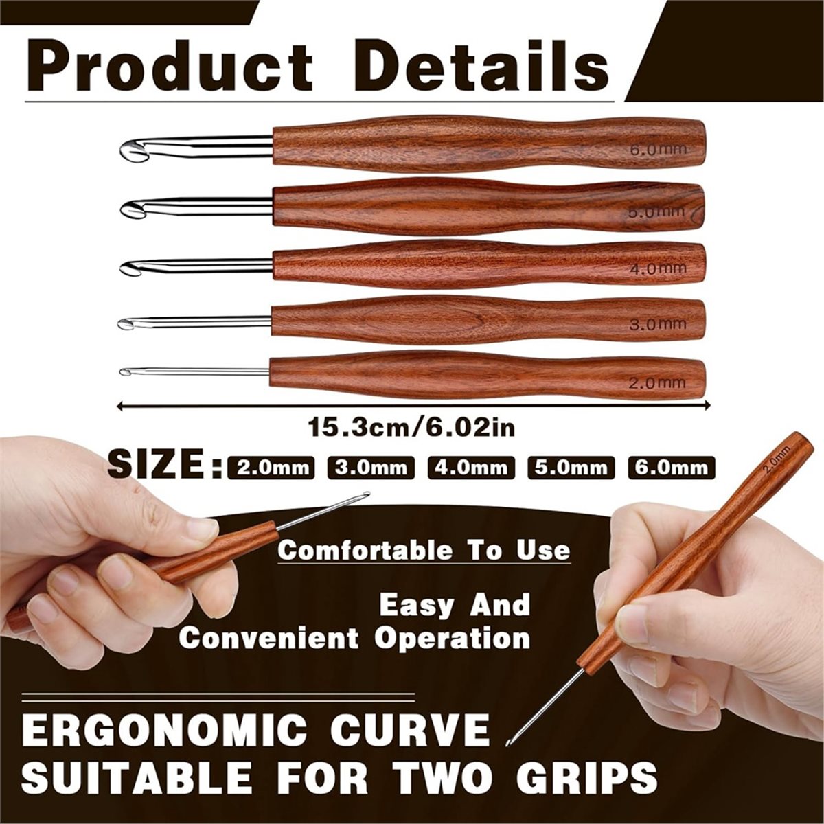 Wooden Crochet Hooks Ergonomic Handle - NOCM 5-teiliges Häkelnadel-Set, 5 Größen Aluminium