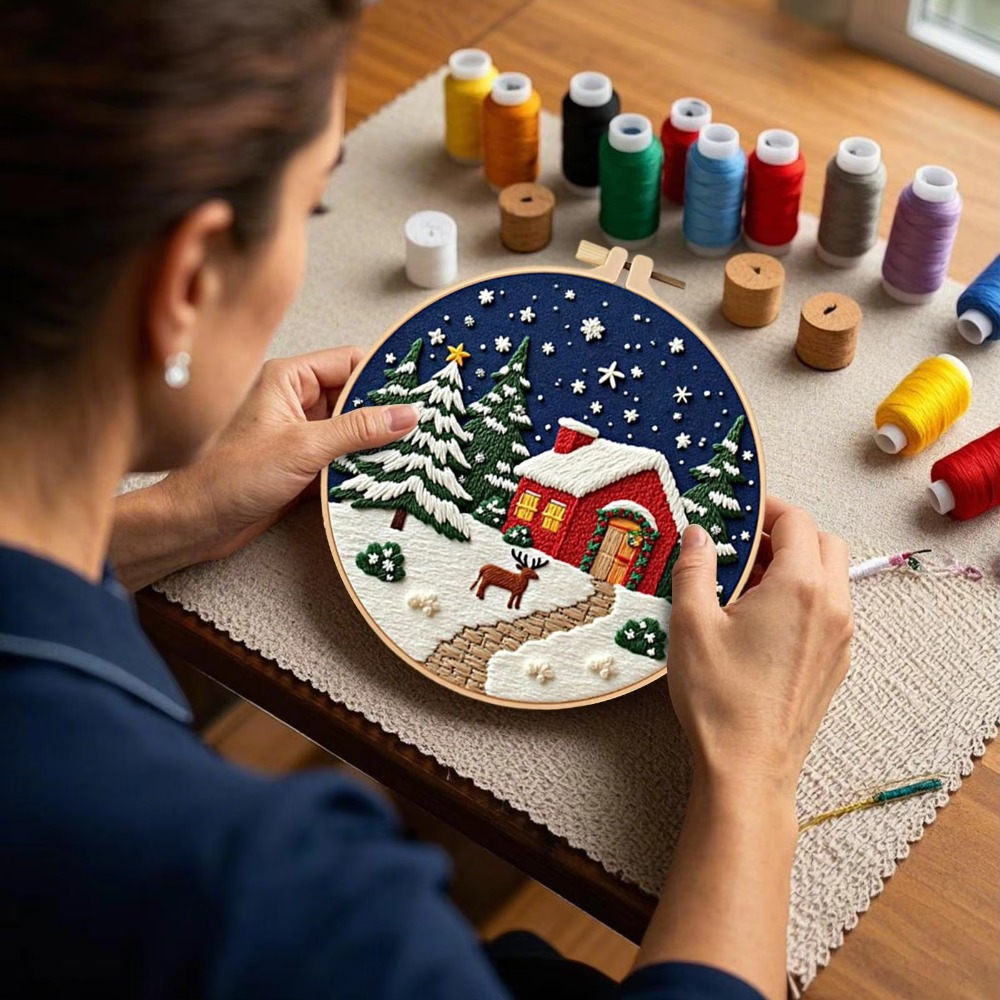 Cross Stitch Stamped Kits Beginners - 3-teiliges Stoff-Stickerei-Set für Weihnachten, DIY-Kit, Anfängerfreundlich